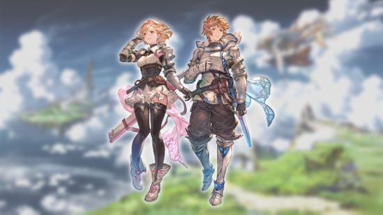 Personagens Granblue Fantasy Relink - Gran e Djeeta em um fundo de paisagem nublada