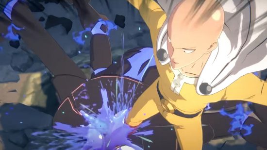 Saitama de One Punch Man World pulando para longe da explosão