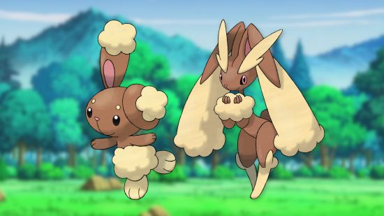 Imagem personalizada de Buneary e Lopunny em um fundo de campo para guia Pokémon coelho