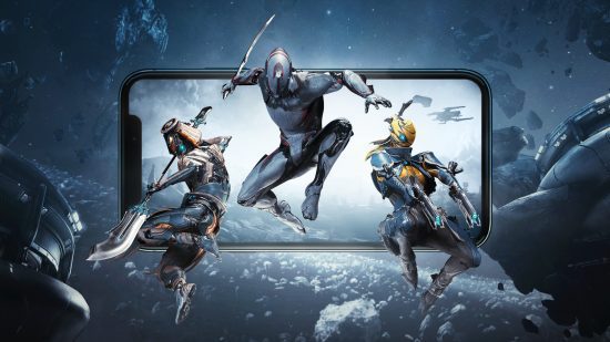 Entrevista Warframe Mobile: arte principal do Warframe Mobile mostrando três warframes saltando de um iPhone