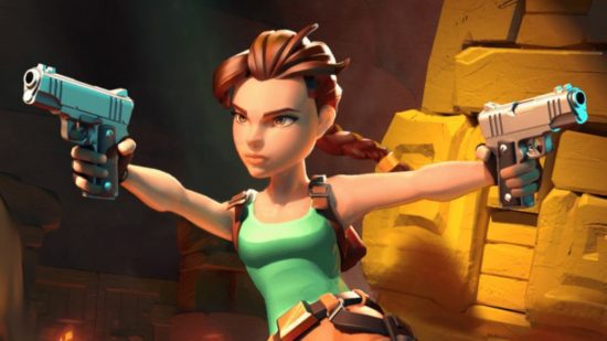 Lara Croft mergulhando de lado com suas pistolas apontadas para um templo no jogo Tomb Raider Tomb Raider Reoloaded