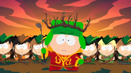 Jogos de South Park: um personagem de South Park usando um chapéu verde com uma coroa de espinhos segura um pedaço de pau na frente de uma multidão de pessoas furiosas com um céu vermelho ao fundo