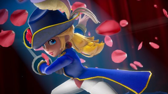 Princesa Peach: prévia do Showtime: Swordfighter Peach em uma postura poderosa com pétalas de rosa caindo ao seu redor