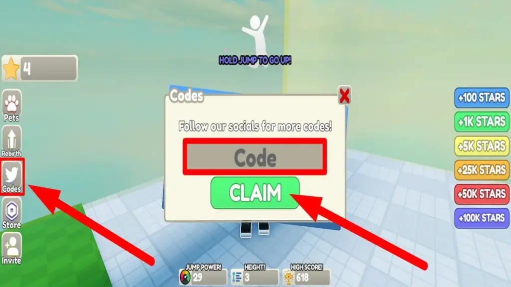 Caixa de texto de resgate de código para Roblox Jump Clicker