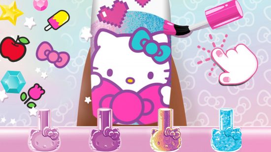 Jogos da Hello Kitty: uma captura de tela do Hello Kitty Nail Salon mostrando uma detalhada peça de nail art da Hello Kitty em tons pastéis que usa corações de pixel e esmaltes brilhantes.