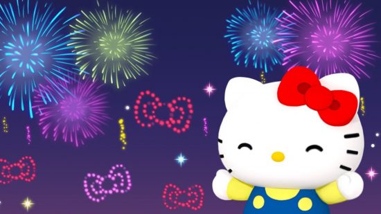 Jogos da Hello Kitty: uma obra de arte do My Hello Kitty Cafe desenvolve o Twitter de Kitty sorrindo para alguns fogos de artifício