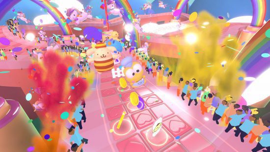 Jogos da Hello Kitty: uma captura de tela da versão Switch de Happiness Parade mostrando um desfile com Purin e Keroppi