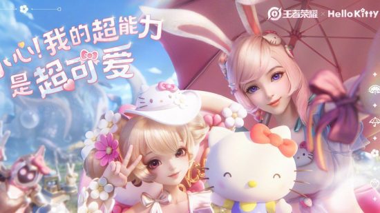 Jogos da Hello Kitty: um gráfico mostrando a colaboração da Hello Kitty em Honor of Kings, com duas skins temáticas