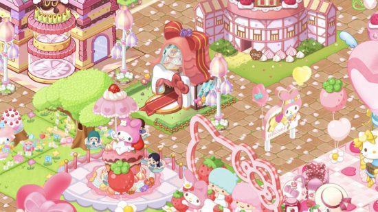 Jogos da Hello Kitty: uma captura de tela movimentada de um parque temático da Sanrio em Hello Kitty World 2