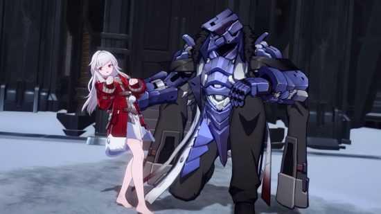 Captura de tela do robô Svarog segurando Clara, uma personagem do jogador, em Honkai Star Rail para o melhor guia de jogos de ficção científica