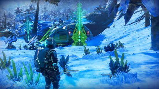 Captura de tela de uma base espacial em um planeta nevado em No Man's Sky para obter o melhor guia de jogos de ficção científica