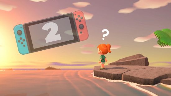 novo jogo Animal Crossing – um personagem olhando para um Nintendo Switch no céu em uma ilha deserta