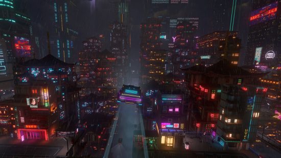 Vista de uma cidade em jogos cyberpunk - cloudpunk à noite