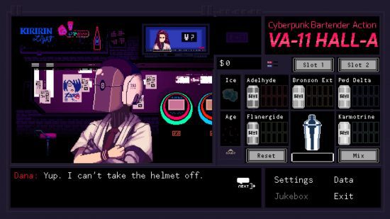 A tela de criação de bebidas no jogo cyberpunk - Va-11 Hall-A