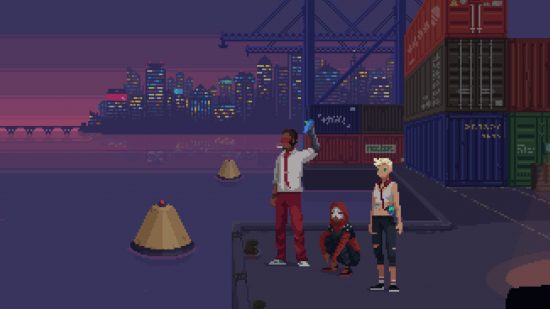 três personagens estavam em uma doca em jogos cyberpunk - The red Strings Club