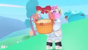 Adopt Me Easter Egg Basket Being Held By A Pink Rabbit Wearing Clothes