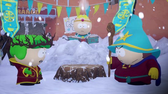 South Park: revisão do Snow Day Switch – Kyle e Cartmen se encarando na neve enquanto Butters olha para eles