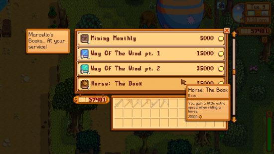 Um menu mostrando os livros oferecidos na livraria Stardew Valley 