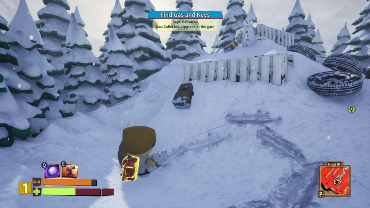 Jogador olhando para uma mochila atrás de um grande contêiner em South Park Snow Day