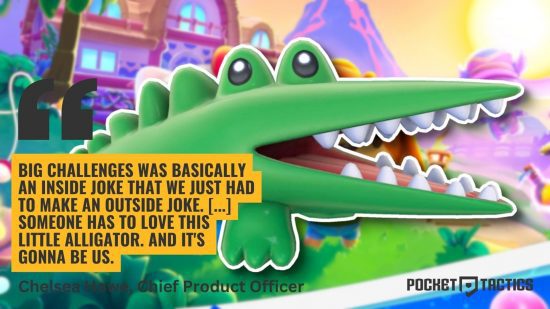 Entrevista da Hello Kitty Island Adventures - Grandes desafios o crocodilo por trás de uma citação que diz "Big Challenges foi basicamente uma piada interna que só tínhamos que fazer uma piada externa.  (...) Alguém tem que amar esse jacarézinho.  E seremos nós."