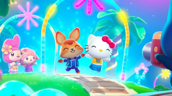 Entrevista com Hello Kitty Island Adventures - Hello Kitty de mãos dadas com outro personagem enquanto eles passam por alguns fogos de artifício