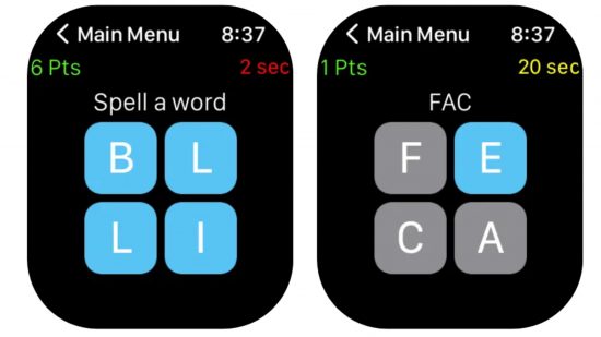 Jogos Apple Watch - duas grades 2x2 com letras diferentes destacadas em azul