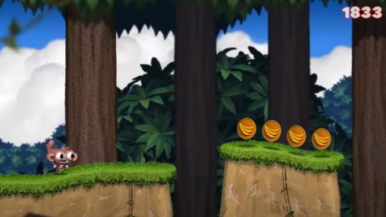 Jogos do Apple Watch - um macaco rolando lateralmente ao longo de uma área florestal