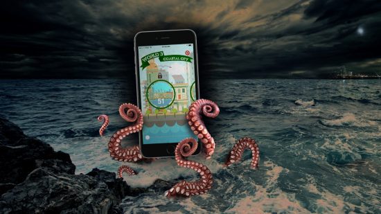 Jogos Apple Watch - um polvo com tentáculos enrolados em um telefone