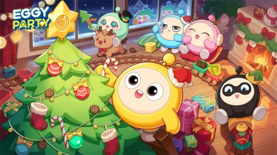 Entrevista Eggy Party - um grupo de personagens em forma de ovo decorando uma árvore de Natal