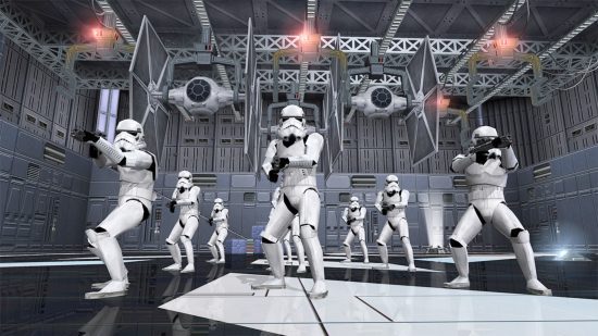 Captura de tela da Star Wars Battlefront Classic Collection mostrando Stormtroopers disparando suas armas no hangar