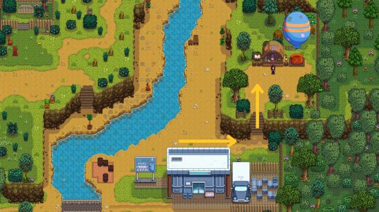 Um mapa mostrando como chegar ao local da livraria Stardew Valley