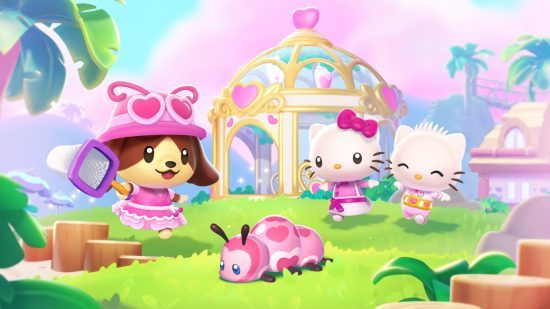 Entrevista com Hello Kitty Island Adventures - Hello Kitty e amigos saltando por um campo