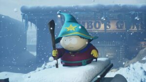 Cartman in 3D stands on a school bus covered in snow