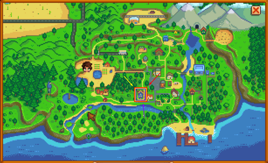 Mapa de Stardew Valley destacando a localização da casa de Sam