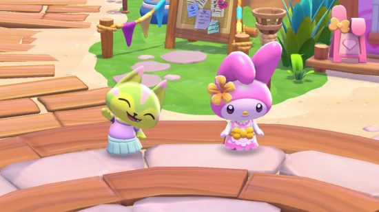 Jogos da Hello Kitty: uma captura de tela de Hello Kitty Island Adventure de um personagem gato verde e amarelo sorrindo e acenando ao lado de My Melody