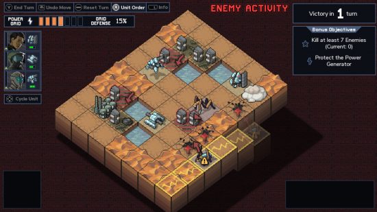 Captura de tela de uma batalha em um planeta arenoso em Into the Breach para obter o melhor guia de jogos de ficção científica