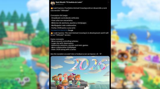 novo jogo Animal Crossing – uma captura de tela de um tweet supostamente vazando informações