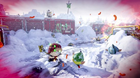 South Park: revisão do Snow Day Switch – duas crianças vestidas e brigando no snop com bolinhos de queijo voando pelo ar