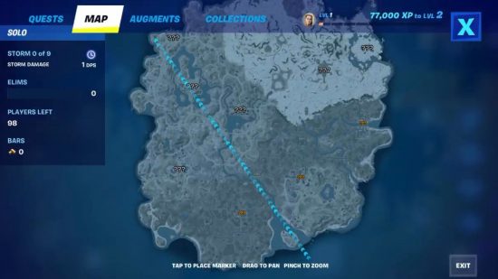 O mapa Fortnite do jogo está todo sombreado e azul com pontos de interrogação onde estão os locais não descobertos.