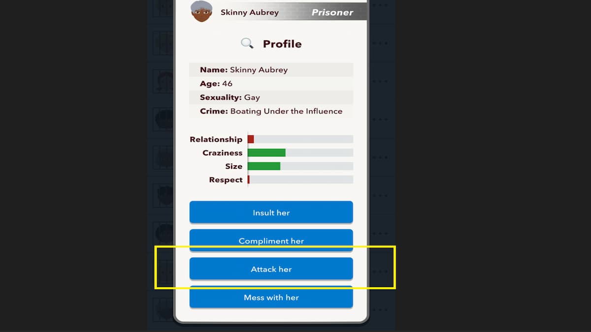 Uma imagem de um jogador escolhendo uma opção na Prisão BitLife