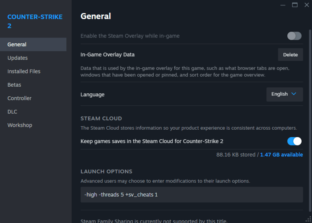 Configurações de inicialização do CS2 Steam