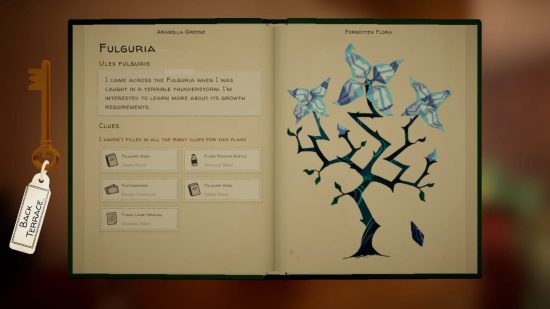 Revisão do Botany Manor - uma entrada no caderno do herbário com a imagem de uma planta em uma página