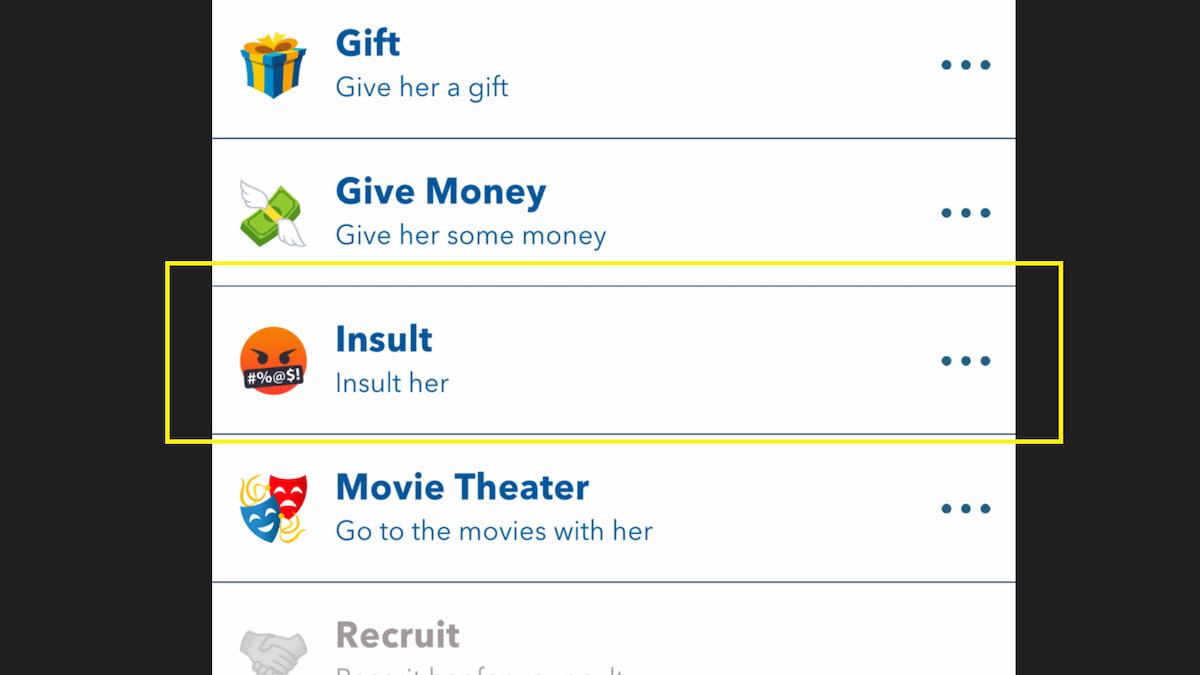 Uma captura de tela da opção de insulto no BitLife