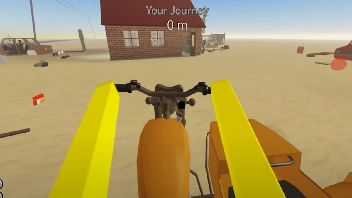Uma imagem de um jogador dirigindo uma motocicleta em A Dusty Trip