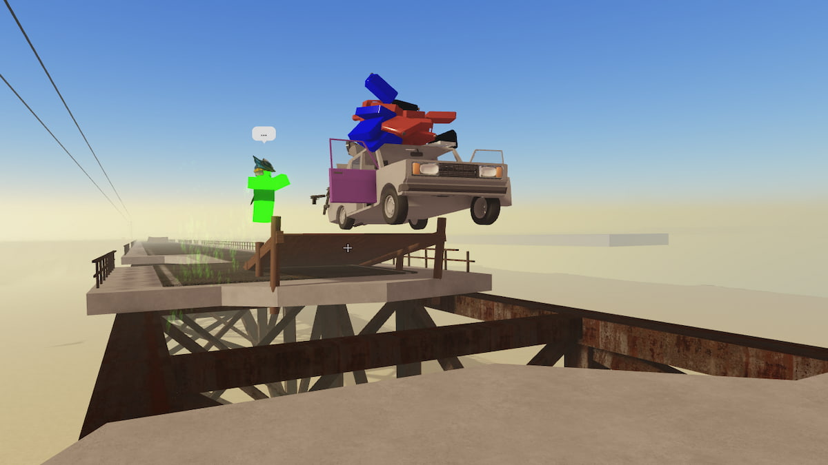Um carro pulando a rampa da ponte em A Dusty Trip