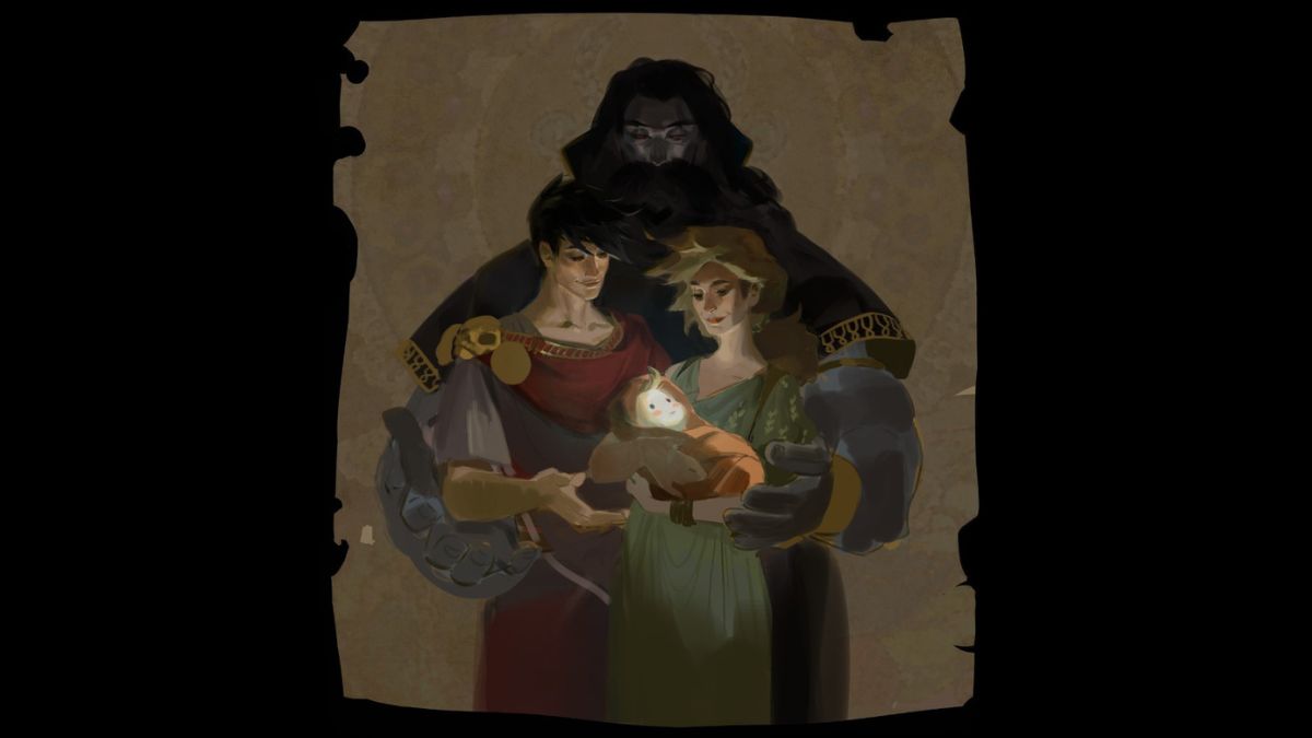 Foto de família de Hades 2 (da esquerda para a direita: Zagreus, Hades e Perséfone segurando um bebê Melinoe)