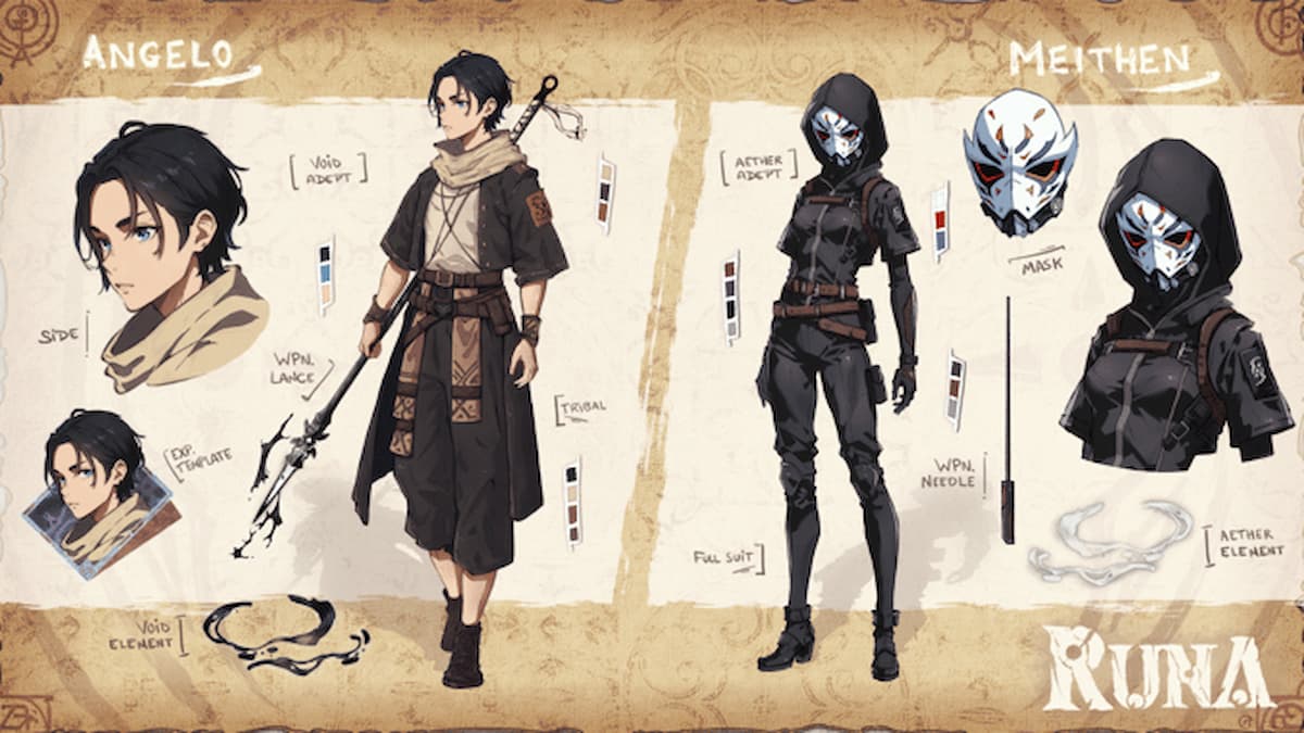 Os designs dos personagens Angelo e Meithen como parte da meta estendida de Runa.