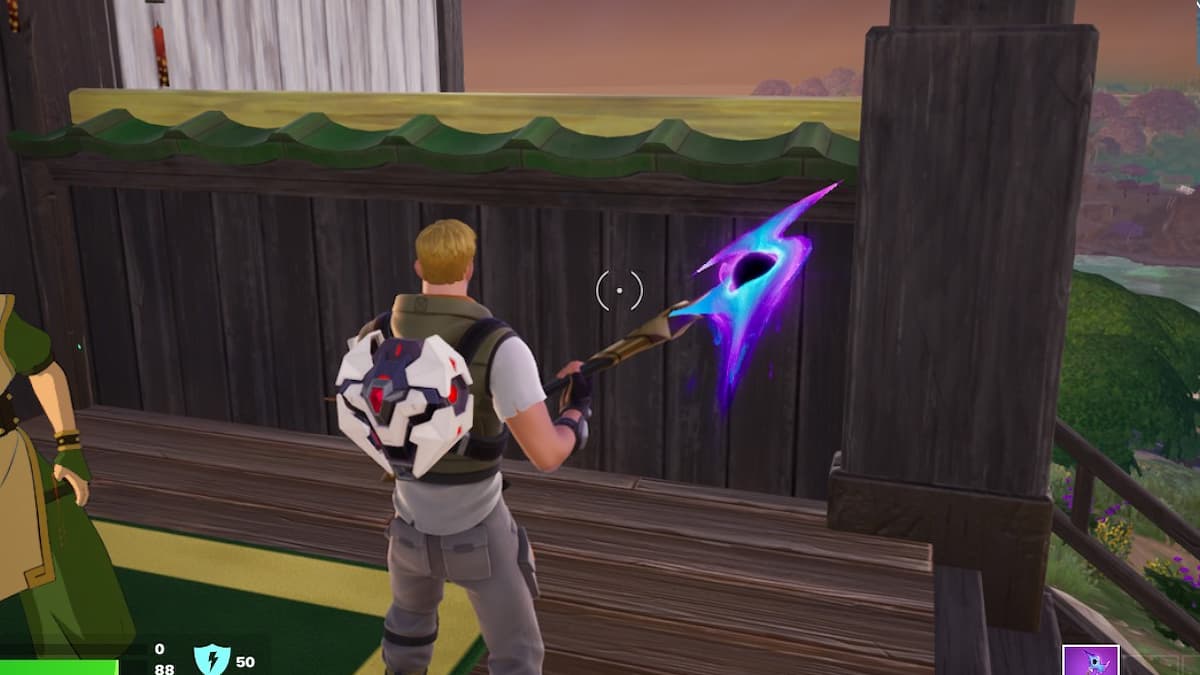 Jogador de Fortnite em frente à cerca de um Santuário Elemental