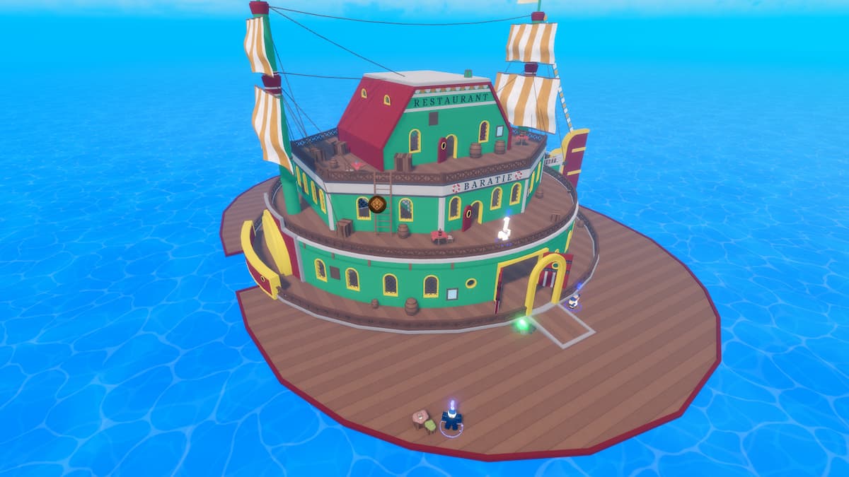Ilha artificial de Barati com uma casa verde e um navio atracado
