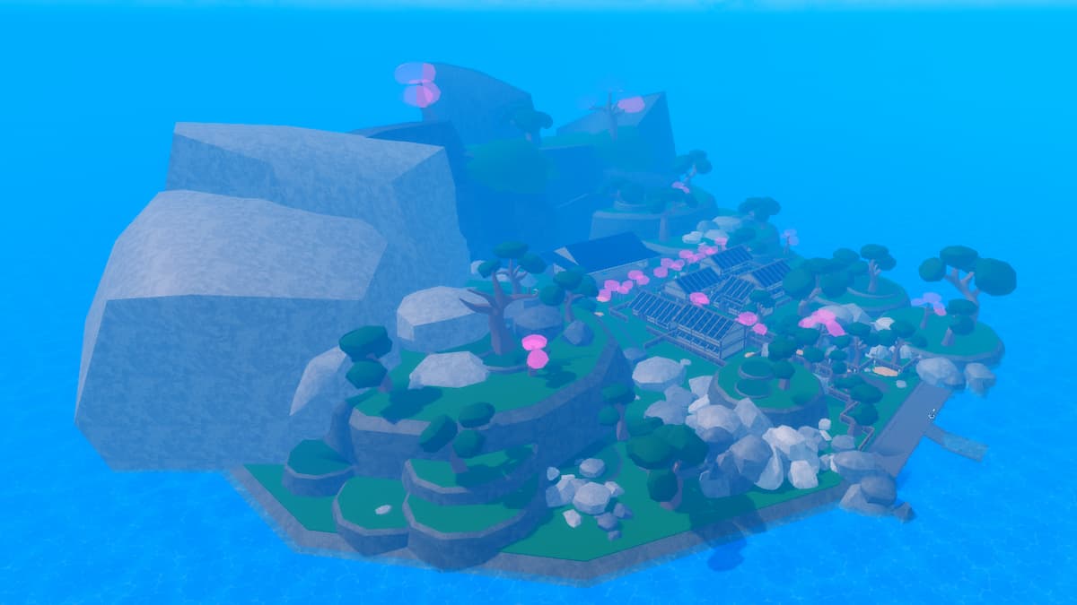 Visão geral da ilha One Sword Style com vila e grandes montanhas de pedra